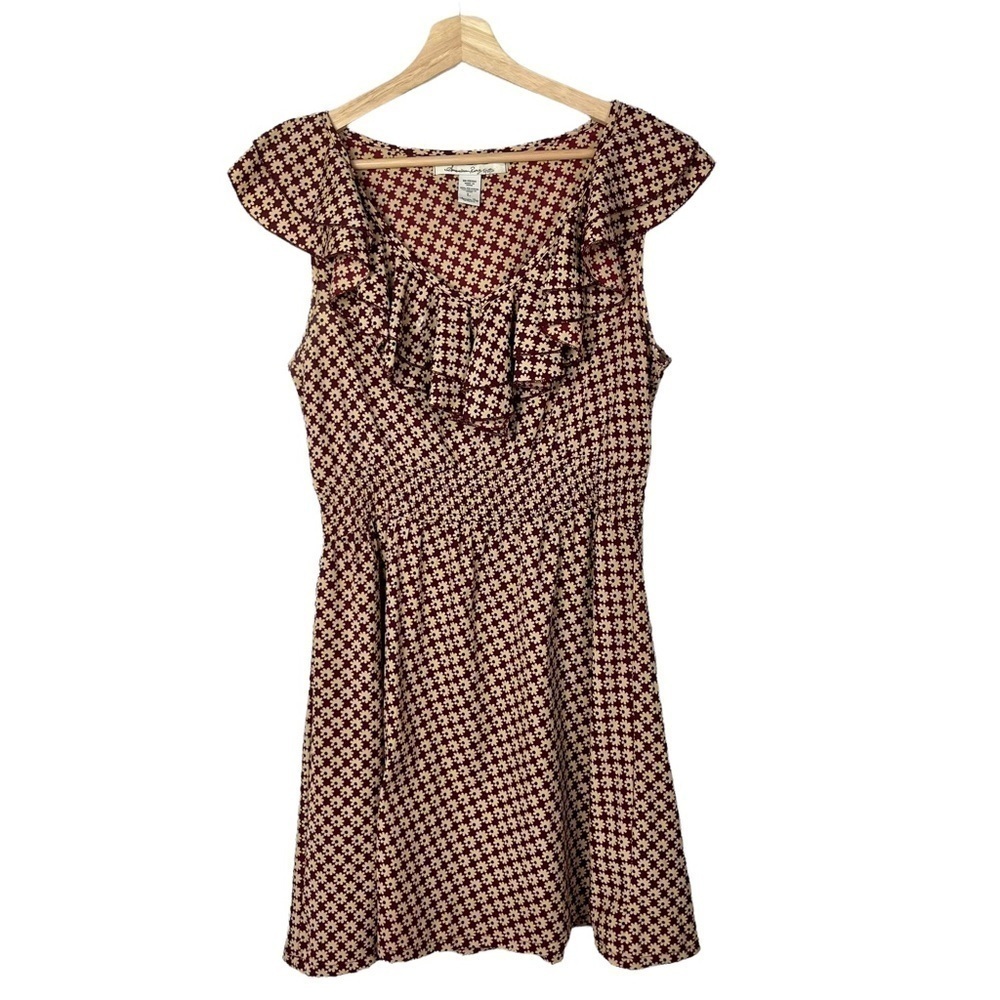 American Rag Red & Beige Floral‎ Ruffle Neck Fit & Flare Mini Dress L
